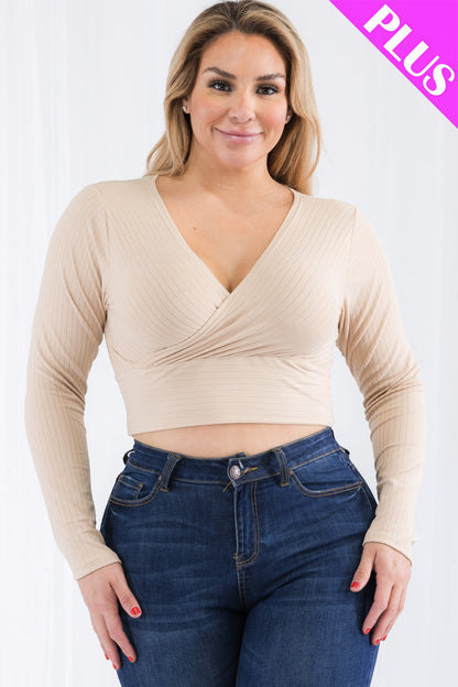 Plus Size Ribbed Wrap Front Long Sleeve Top (CAPELLA)