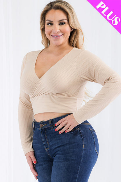 Plus Size Ribbed Wrap Front Long Sleeve Top (CAPELLA)