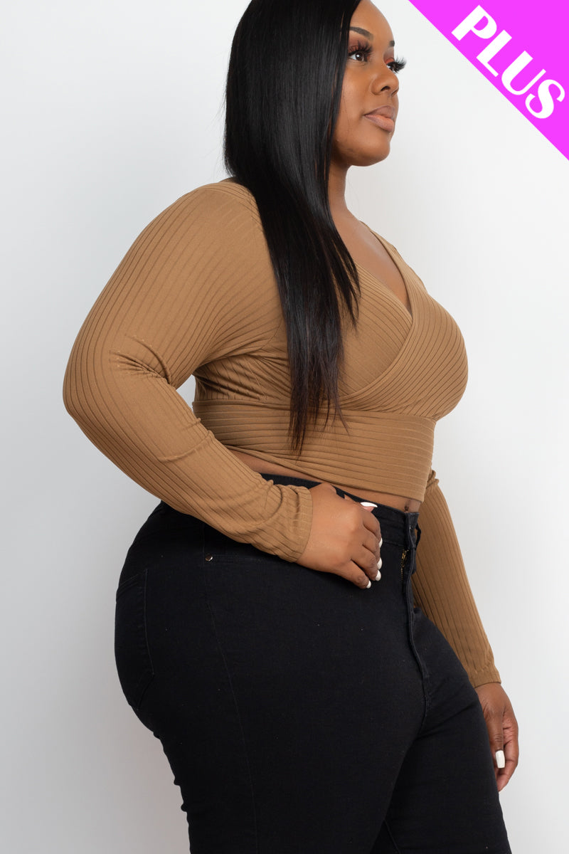 Plus Size Ribbed Wrap Front Long Sleeve Top (CAPELLA)