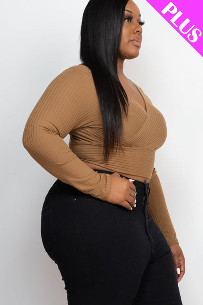 Plus Size Ribbed Wrap Front Long Sleeve Top (CAPELLA)