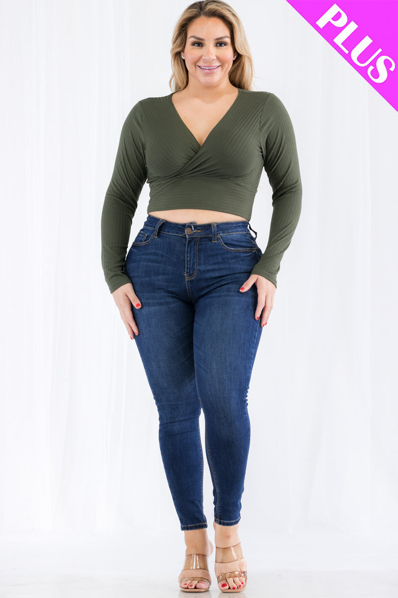 Plus Size Ribbed Wrap Front Long Sleeve Top (CAPELLA)
