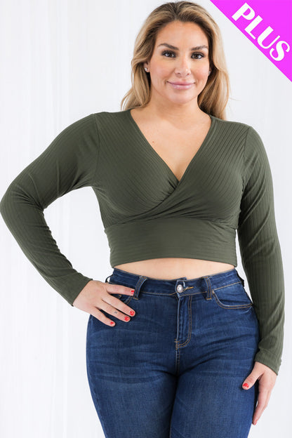 Plus Size Ribbed Wrap Front Long Sleeve Top (CAPELLA)