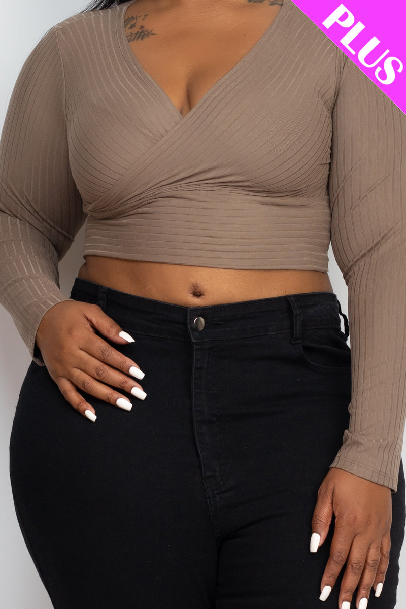 Plus Size Ribbed Wrap Front Long Sleeve Top (CAPELLA)