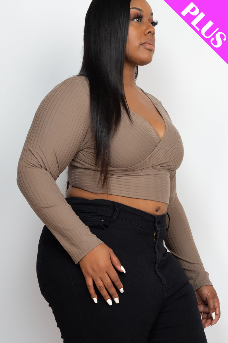 Plus Size Ribbed Wrap Front Long Sleeve Top (CAPELLA)