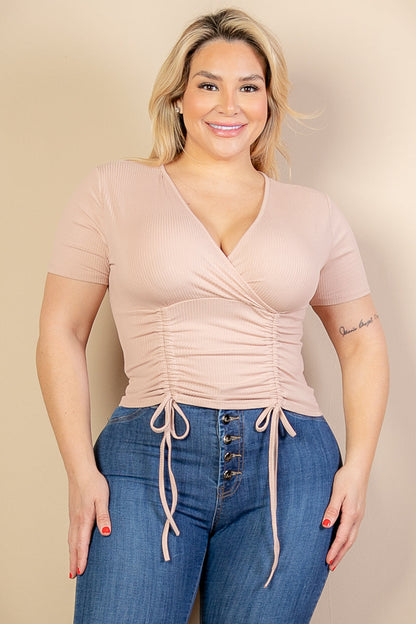 Plus Size Ribbed Ruched Drawstring Surplice Top (CAPELLA)