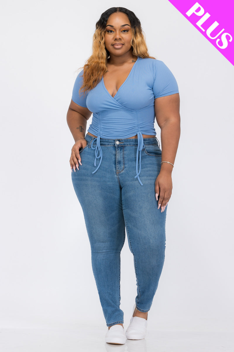 Plus Size Ribbed Ruched Drawstring Surplice Top (CAPELLA)