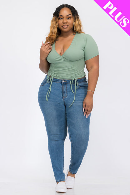 Plus Size Ribbed Ruched Drawstring Surplice Top (CAPELLA)