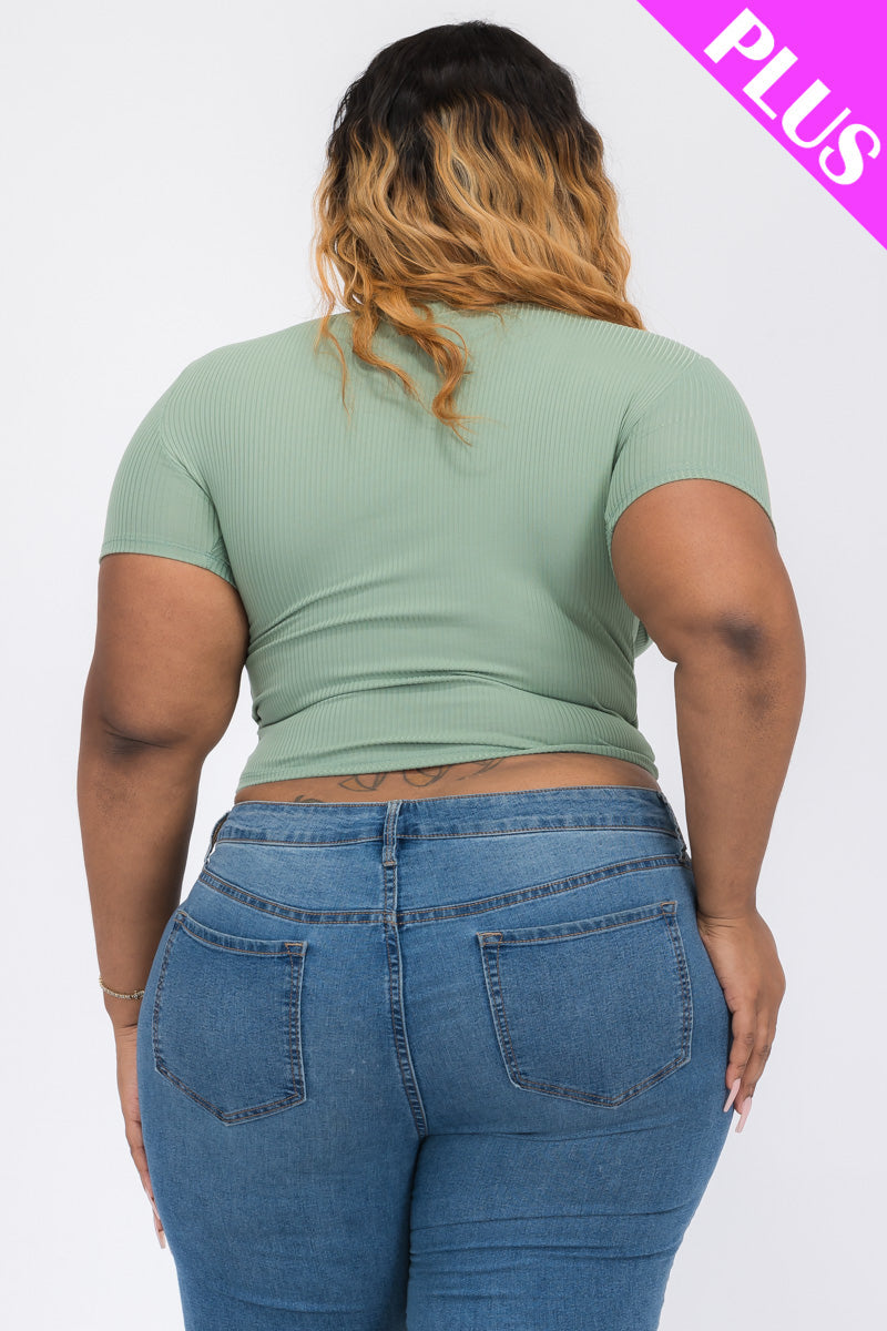 Plus Size Ribbed Ruched Drawstring Surplice Top (CAPELLA)