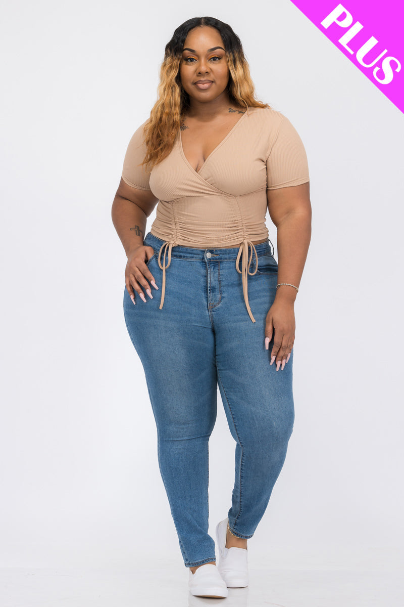 Plus Size Ribbed Ruched Drawstring Surplice Top (CAPELLA)