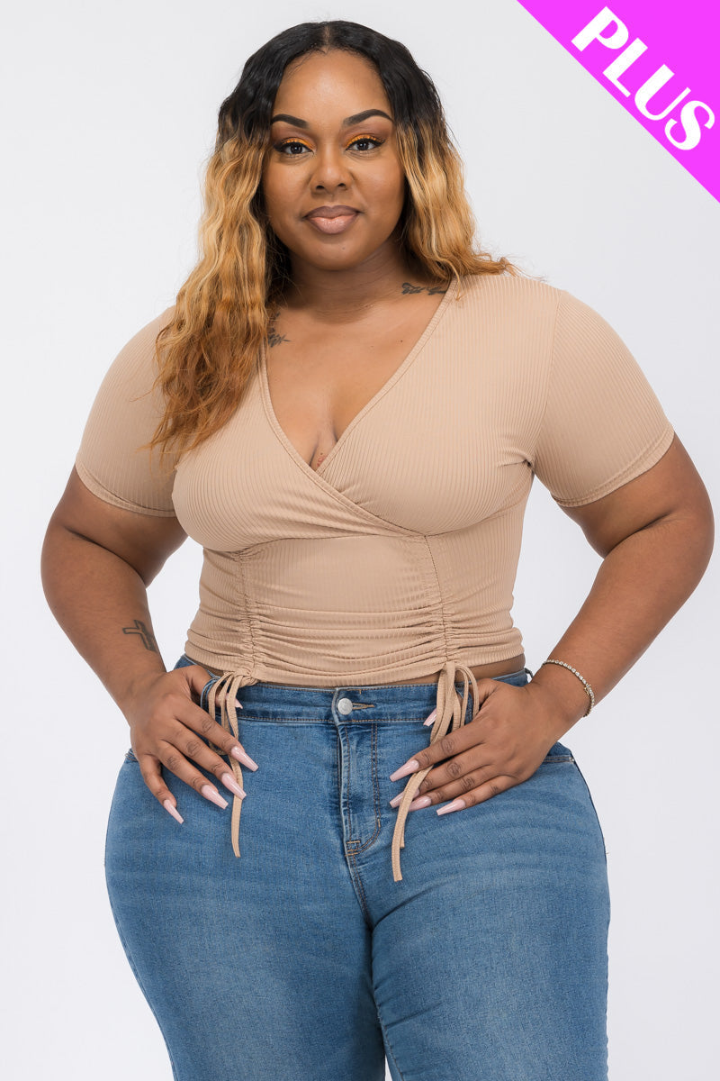 Plus Size Ribbed Ruched Drawstring Surplice Top (CAPELLA)