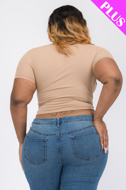 Plus Size Ribbed Ruched Drawstring Surplice Top (CAPELLA)