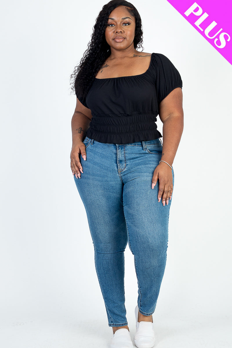 Plus Size Casual Ruched Puff Sleeve Ribbed Knit Solid Top (CAPELLA)