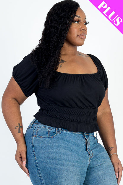 Plus Size Casual Ruched Puff Sleeve Ribbed Knit Solid Top (CAPELLA)