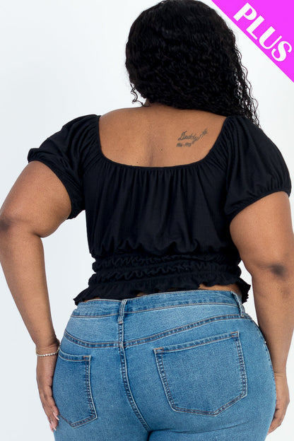 Plus Size Casual Ruched Puff Sleeve Ribbed Knit Solid Top (CAPELLA)