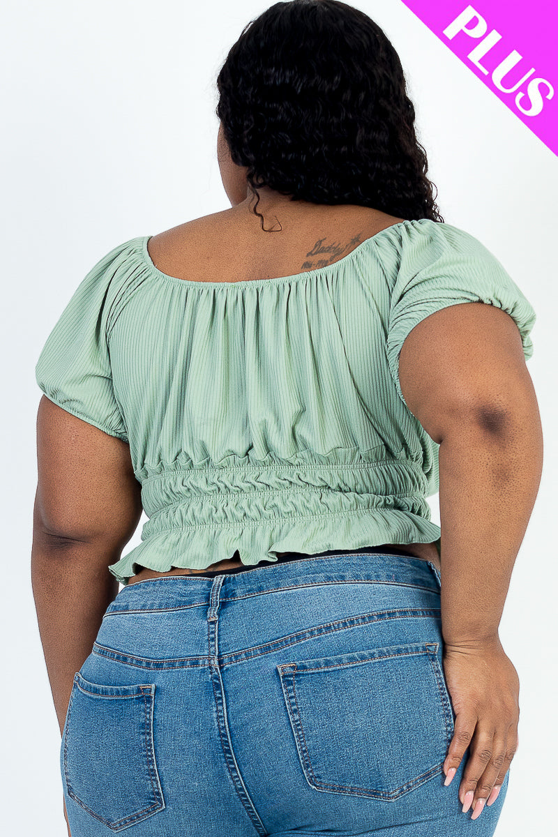 Plus Size Casual Ruched Puff Sleeve Ribbed Knit Solid Top (CAPELLA)