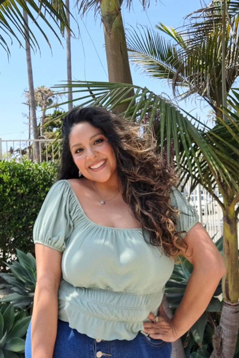 Plus Size Casual Ruched Puff Sleeve Ribbed Knit Solid Top (CAPELLA)