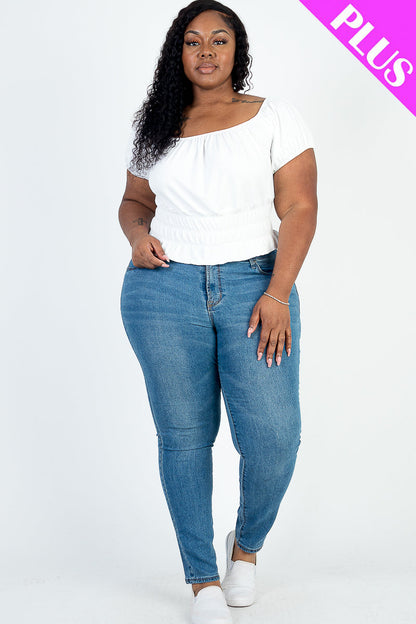 Plus Size Casual Ruched Puff Sleeve Ribbed Knit Solid Top (CAPELLA)