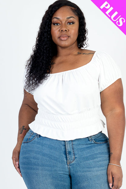 Plus Size Casual Ruched Puff Sleeve Ribbed Knit Solid Top (CAPELLA)