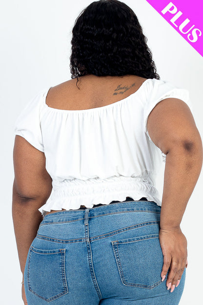 Plus Size Casual Ruched Puff Sleeve Ribbed Knit Solid Top (CAPELLA)