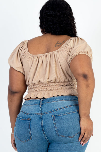 Plus Size Casual Ruched Puff Sleeve Ribbed Knit Solid Top (CAPELLA)