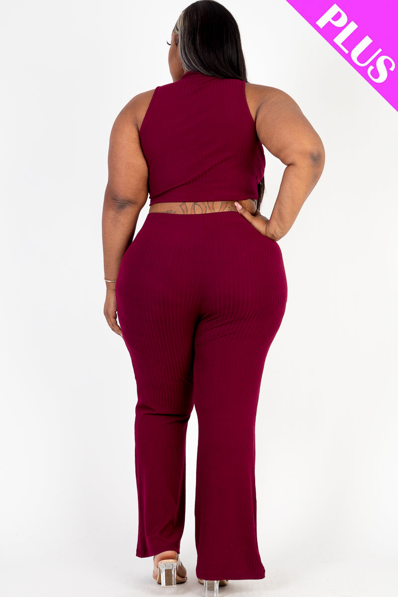 Plus Size Ribbed Mock Neck Crop Tank Top& Bootcut Pants Set (CAPELLA)