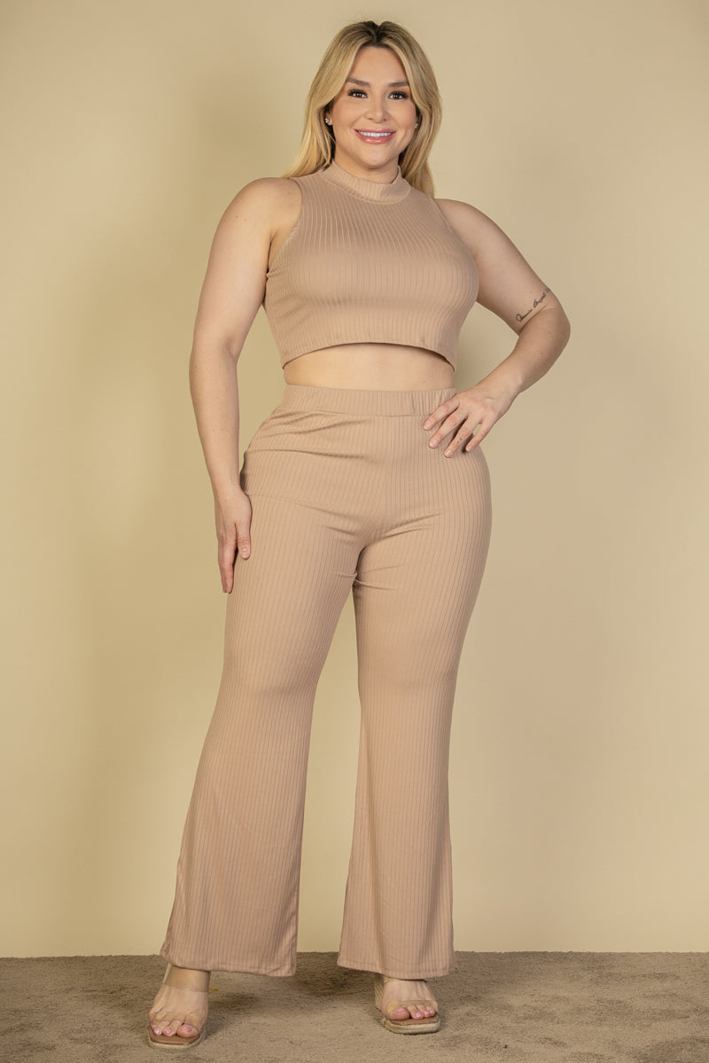 Plus Size Ribbed Mock Neck Crop Tank Top& Bootcut Pants Set (CAPELLA)
