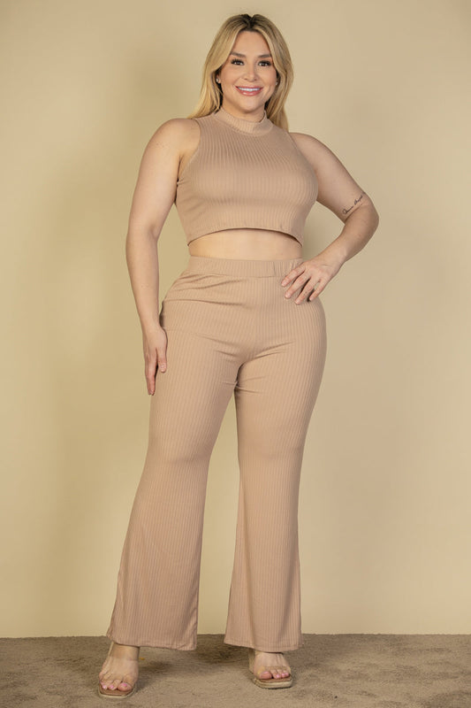 Plus Size Ribbed Mock Neck Crop Tank Top& Bootcut Pants Set (CAPELLA)
