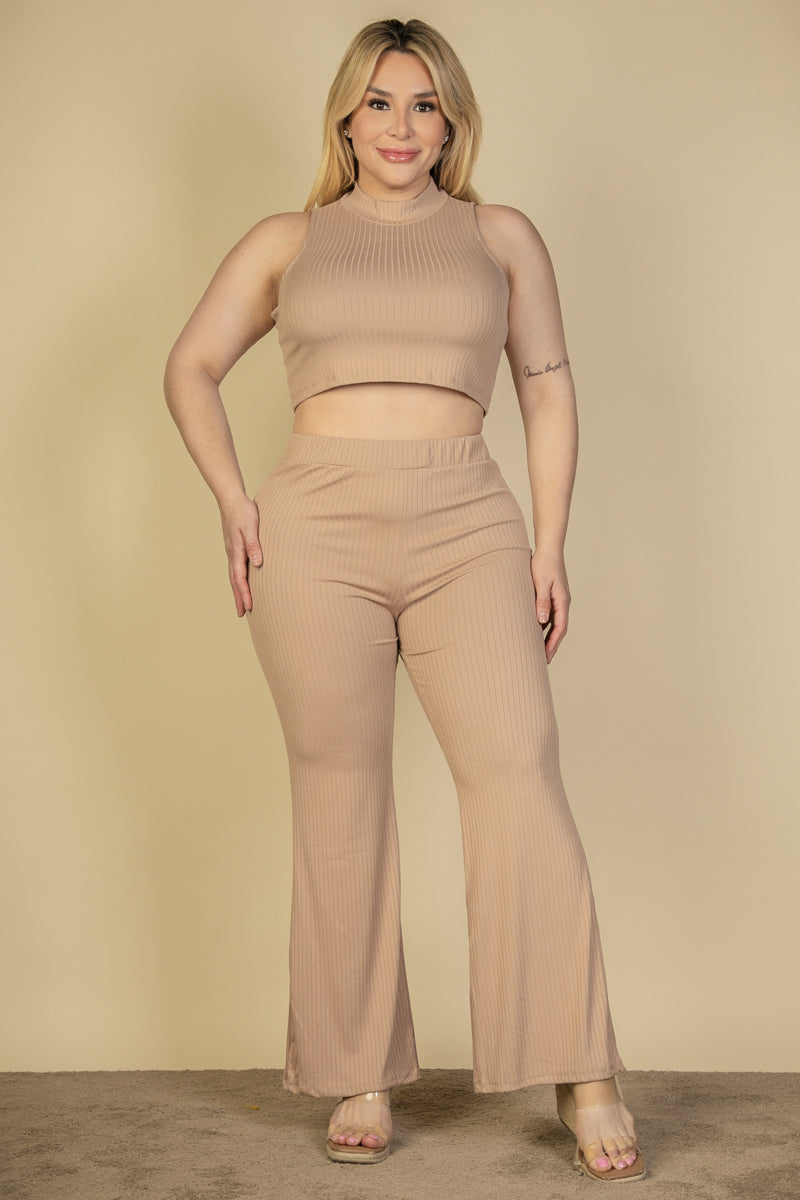 Plus Size Ribbed Mock Neck Crop Tank Top& Bootcut Pants Set (CAPELLA)