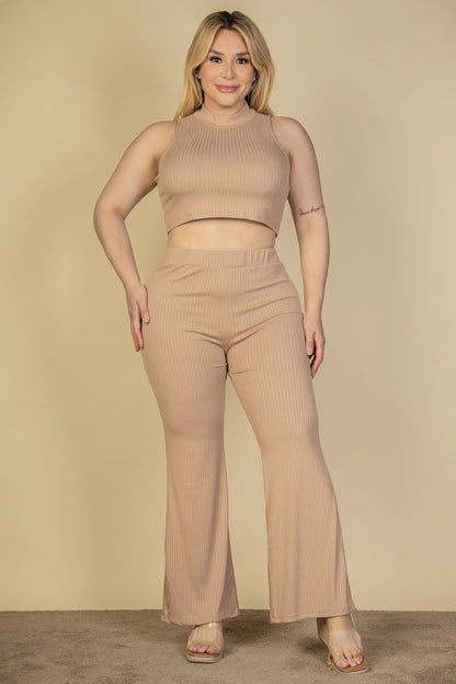 Plus Size Ribbed Mock Neck Crop Tank Top& Bootcut Pants Set (CAPELLA)