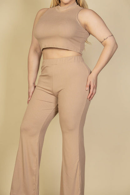 Plus Size Ribbed Mock Neck Crop Tank Top& Bootcut Pants Set (CAPELLA)