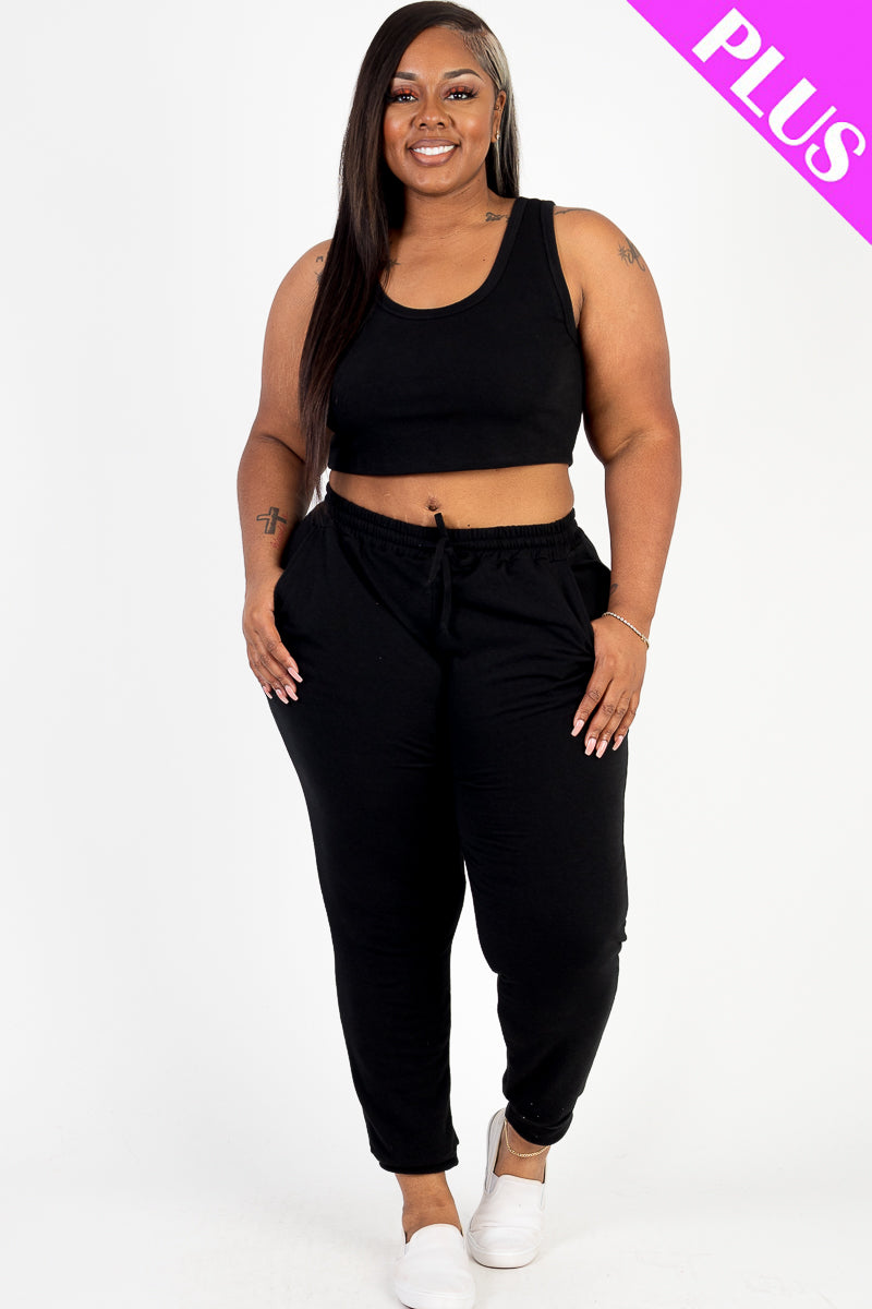 Plus Size French Terry Cropped Tank Top & Joggers Set (CAPELLA)