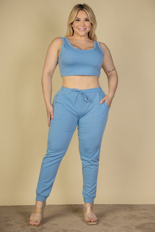 Plus Size French Terry Cropped Tank Top & Joggers Set (CAPELLA)
