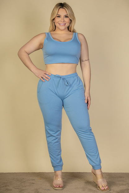 Plus Size French Terry Cropped Tank Top & Joggers Set (CAPELLA)