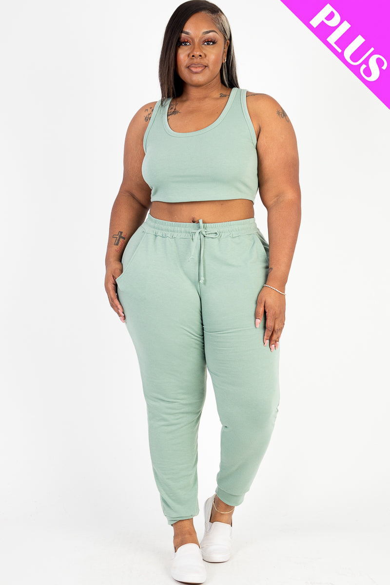 Plus Size French Terry Cropped Tank Top & Joggers Set (CAPELLA)