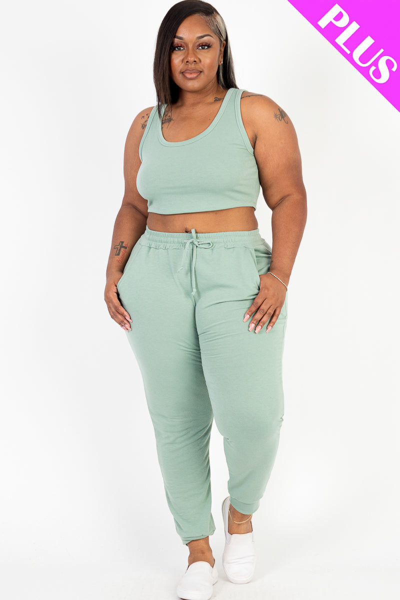 Plus Size French Terry Cropped Tank Top & Joggers Set (CAPELLA)