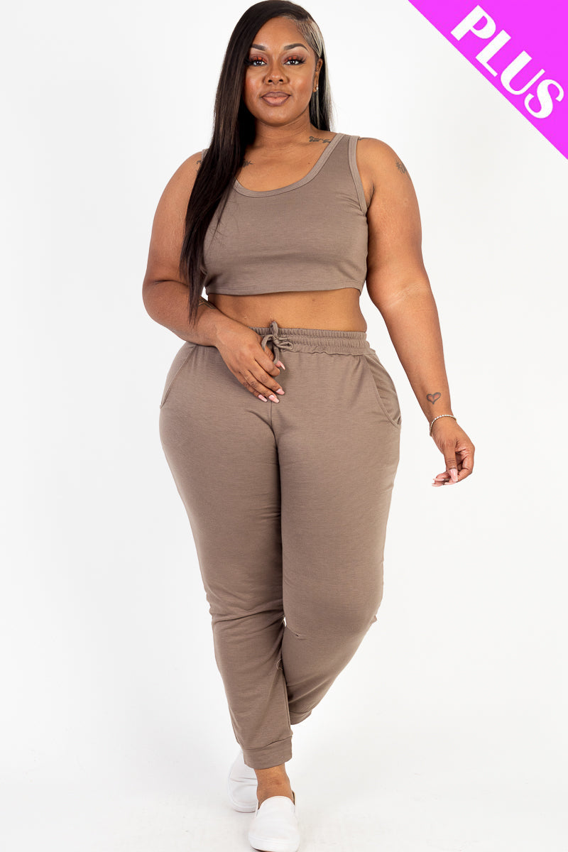 Plus Size French Terry Cropped Tank Top & Joggers Set (CAPELLA)