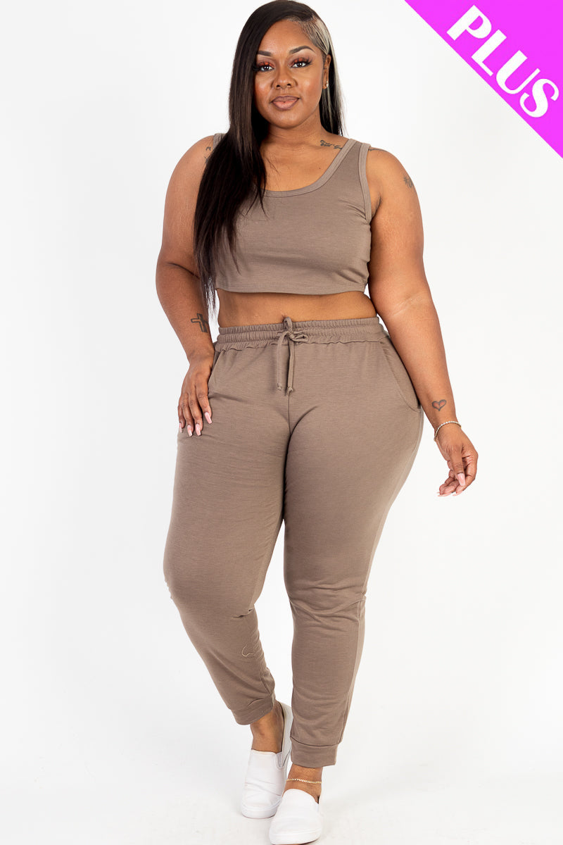 Plus Size French Terry Cropped Tank Top & Joggers Set (CAPELLA)