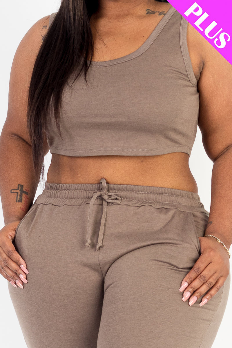 Plus Size French Terry Cropped Tank Top & Joggers Set (CAPELLA)