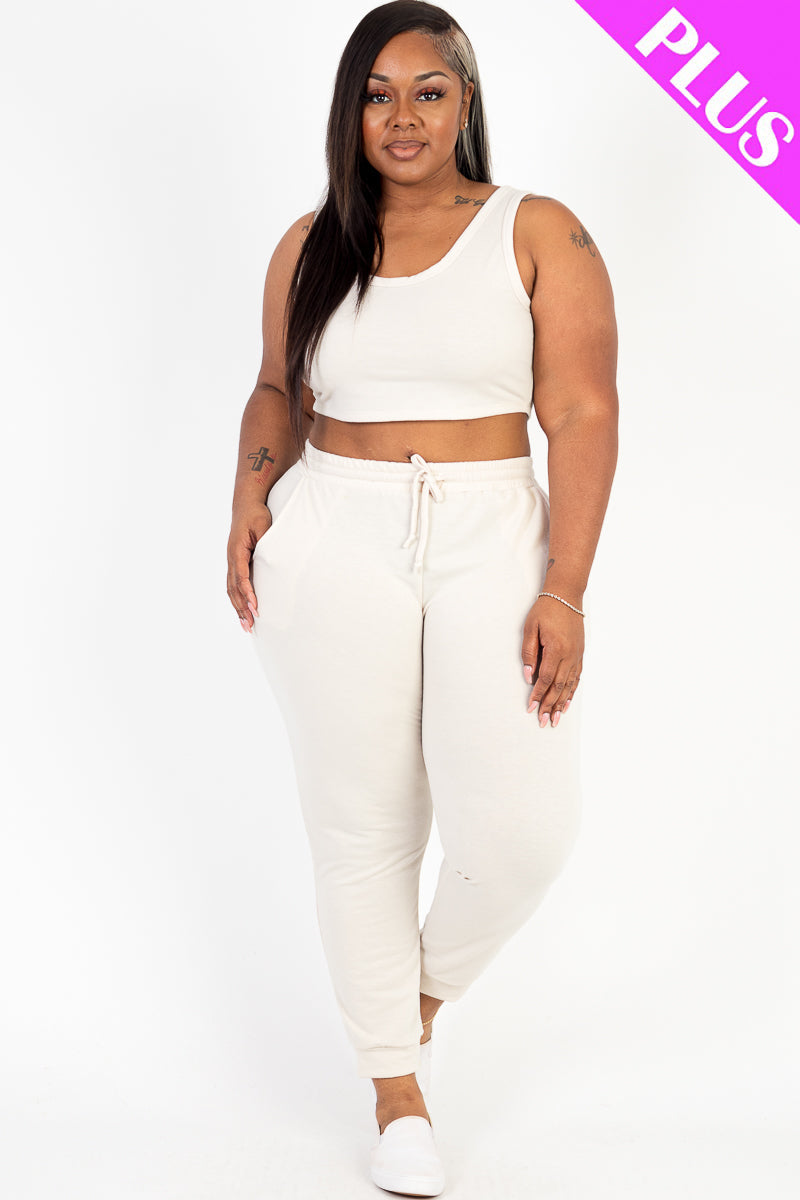 Plus Size French Terry Cropped Tank Top & Joggers Set (CAPELLA)