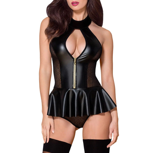 Sexy Womens Plus Size Lingerie Leather Mesh Bra Wetlook Snap Crotch Sleeveless Spaghetti Strap One Piece High Cut Bodysuit Leotard Deep V Halter Cut Out Fishnet Body Suit Bridal Lingerie Negligee