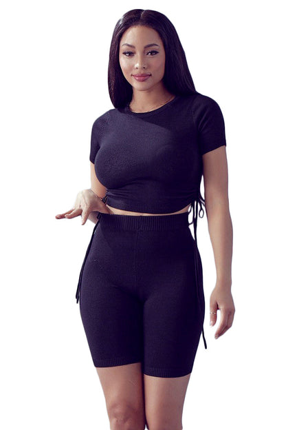 2PC Ruched Cut Out Detailed Knit Top & Short Set - Black