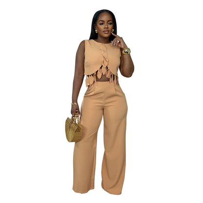 圓領休閒無袖性感上衣搭配修身長褲兩件式女裝