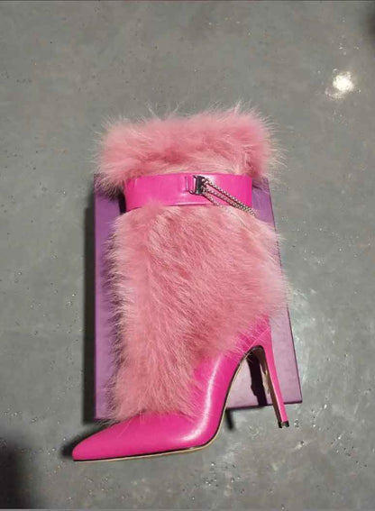Pink Feather Pointed Toe Stiletto : Chain High Boots