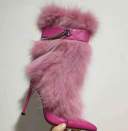Pink Feather Pointed Toe Stiletto : Chain High Boots