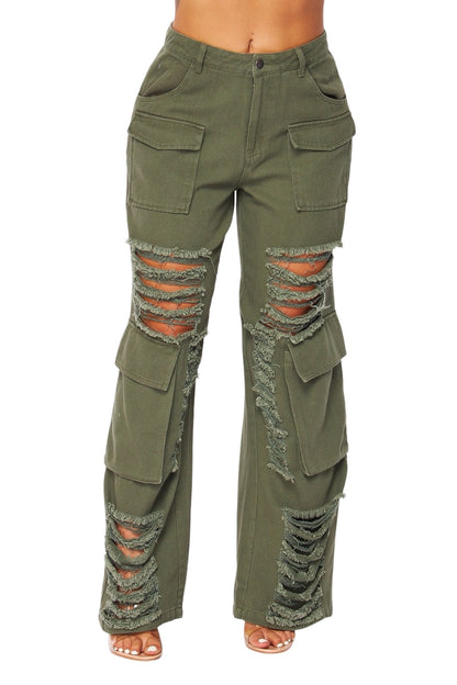 Distressed Wide Leg Cargo Pocket Pants