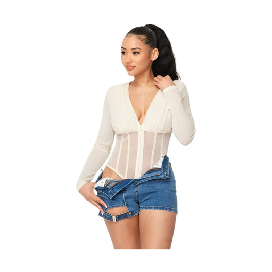 Body de rejilla con espalda de malla transparente y escote en V profundo