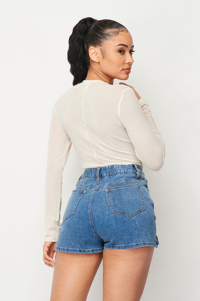 Body de rejilla con espalda de malla transparente y escote en V profundo