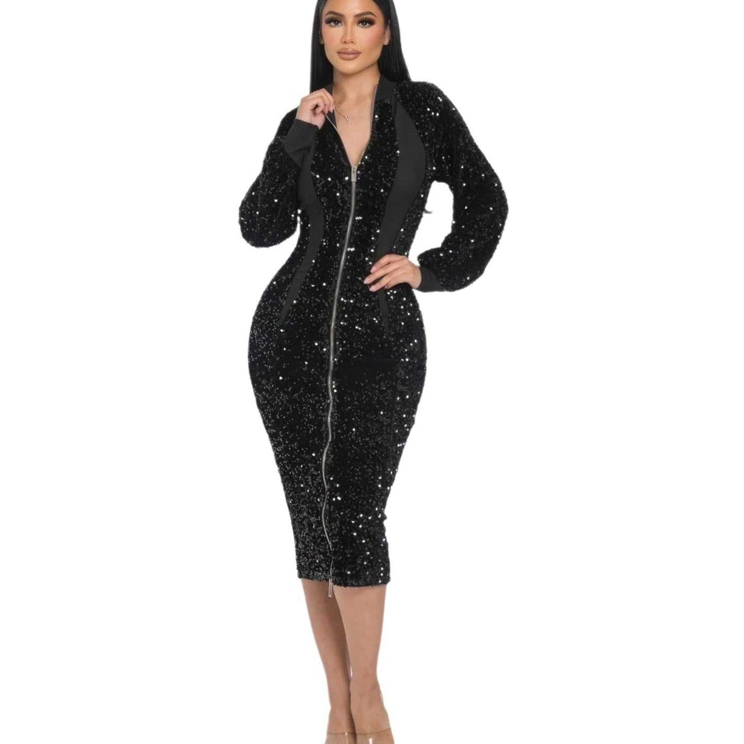 Midi 2 Way Zip Up Sequin Contrast Dress
