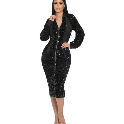 Midi 2 Way Zip Up Sequin Contrast Dress