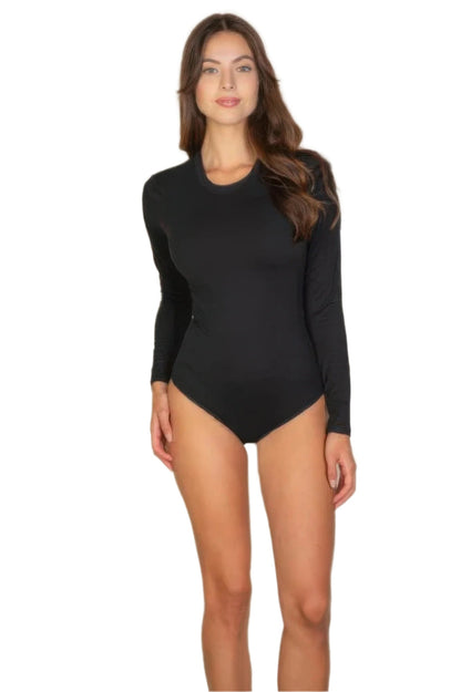 黑色純色長袖圓領連身衣